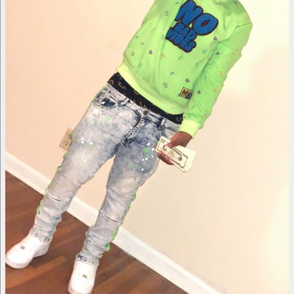 Neon Stripe Print Skinny Fit Denim Blue Wash-Green - Picture 2 of 7